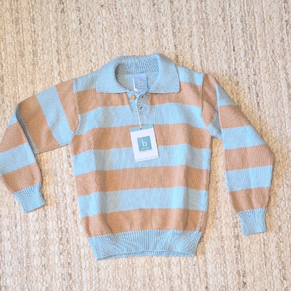Bella Bliss kids Size 6 Striped Polo Sweater in Light Blue and Tan
